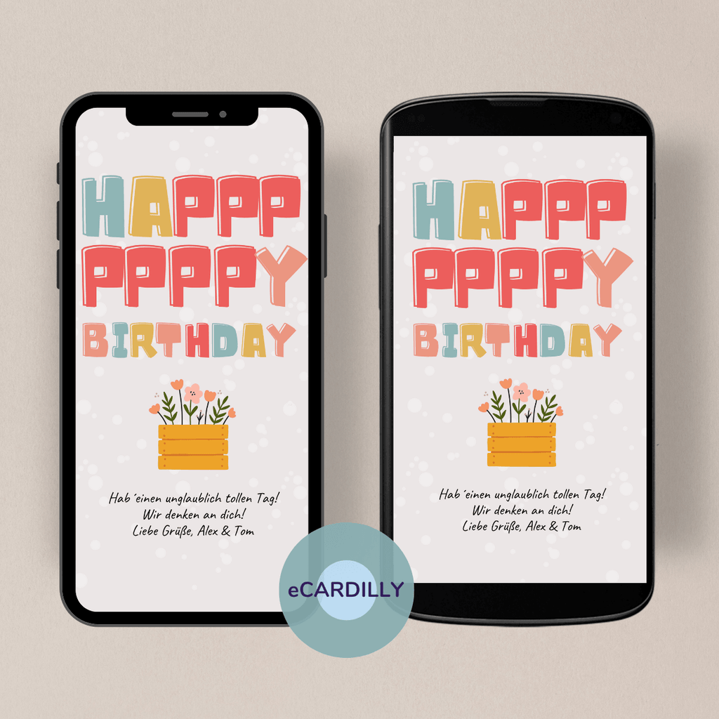 Grußkarte zum Geburtstag mit einem Happy Birthday in gelb, rose, türkis mit einem individuellen Geburtstagsgruß - digitale Vorlage whatsapp