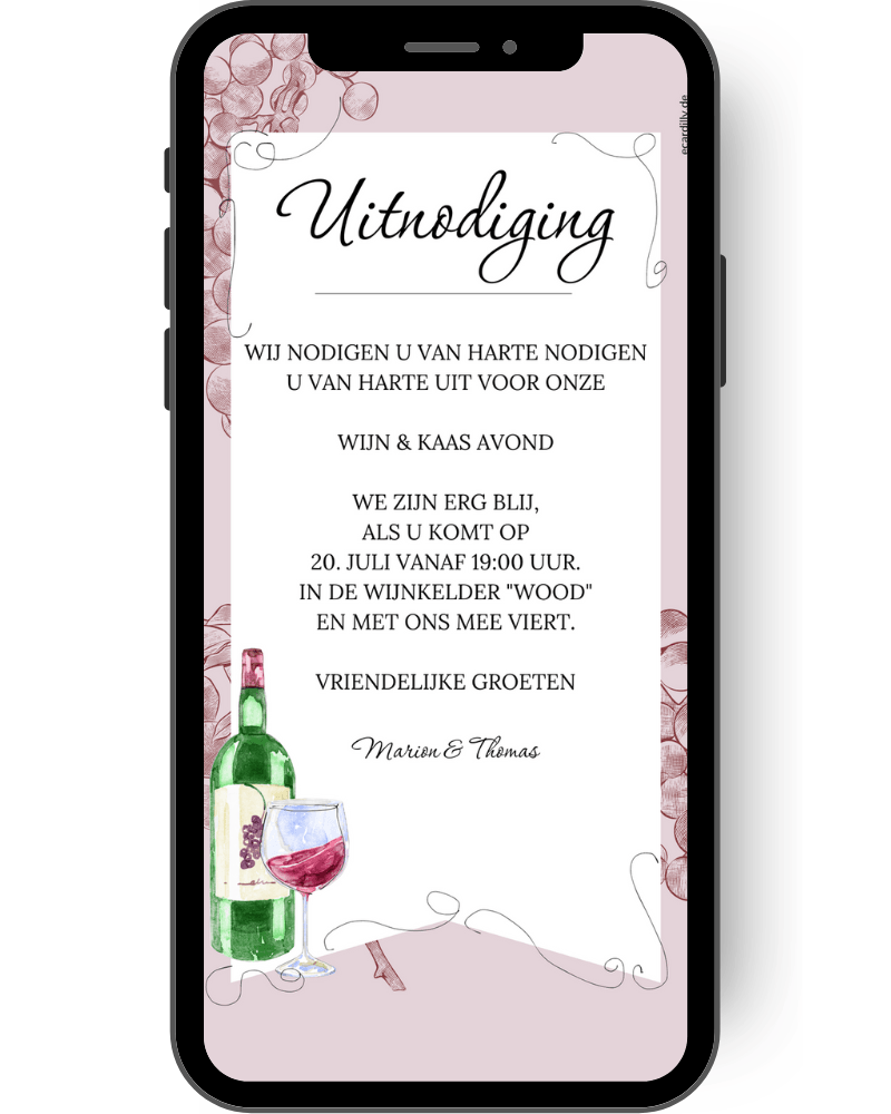 WhatsApp invitation to a relaxed wine & cheese tasting - Enjoy the best of both worlds with our stylish invitation card. nl