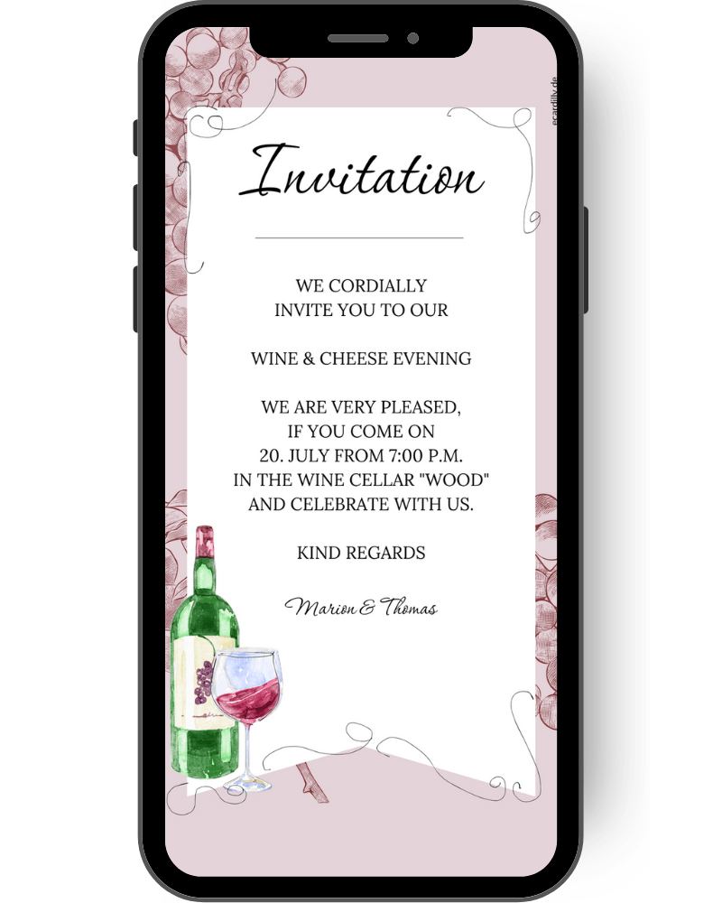 WhatsApp invitation to a relaxed wine & cheese tasting - Enjoy the best of both worlds with our stylish invitation card. en