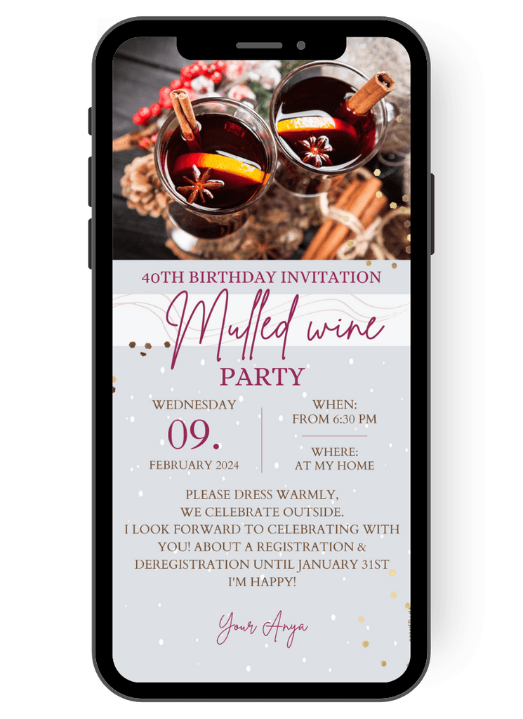 Digital invitation to a winter outdoor mulled wine party - environmentally friendly and warm. Get our WhatsApp template for the paperless eCard en