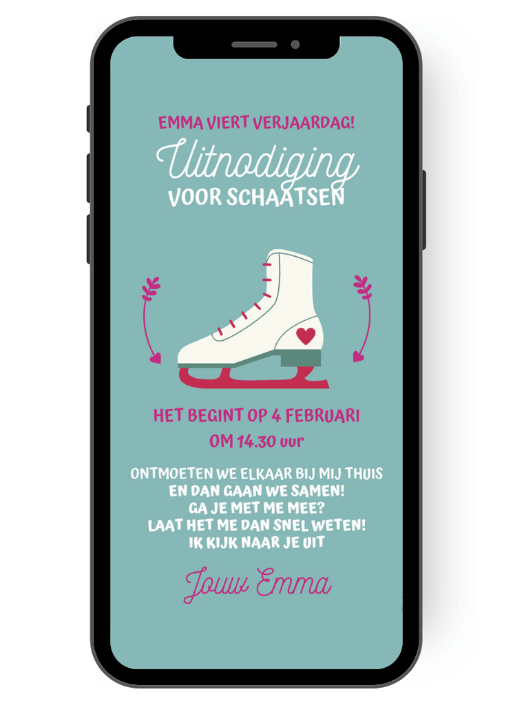Uitnodiging om te schaatsen met een witte schaats op een turquoise achtergrond nl