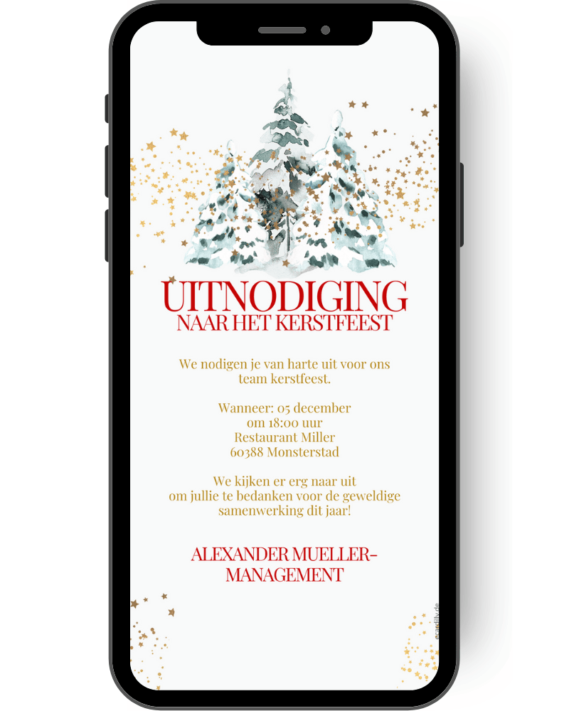 Digitale uitnodiging voor het kerstfeest, personeelskerstfeest, dennenbomen in gouden sneeuw met sterretjes zijn te zien op deze geweldige uitnodigingskaart voor het kerstfeest. Schrift in rood en goud versieren deze WhatsApp-kaart. nl