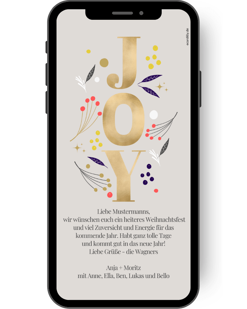 Wundervolle edle Weihnachtskarte mit den Buchstaben JOY in gold, lila und rot. Sehr moderne, digitale Weihnachtskarte die du digital über WhatsApp versenden kannst de