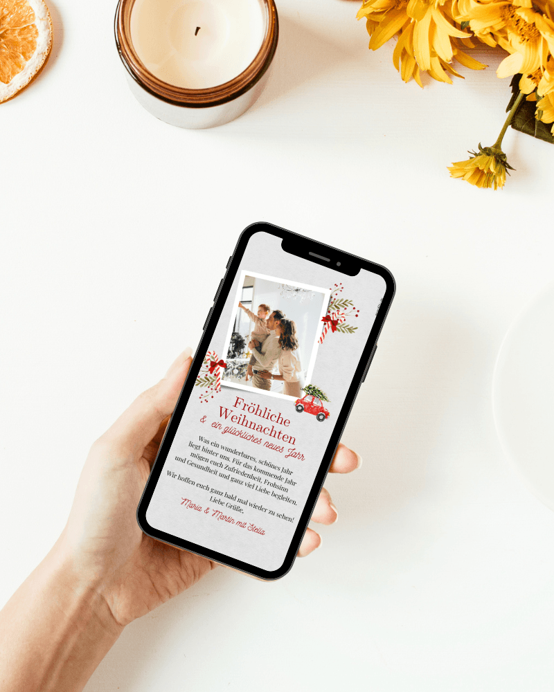 Wunderschöne Weihnachtskarte mit Foto und Auto, Zuckerstange und wunderschön dezentem Hintergrund. Weihnachtsgrüsse digital mit WhatsApp versenden de